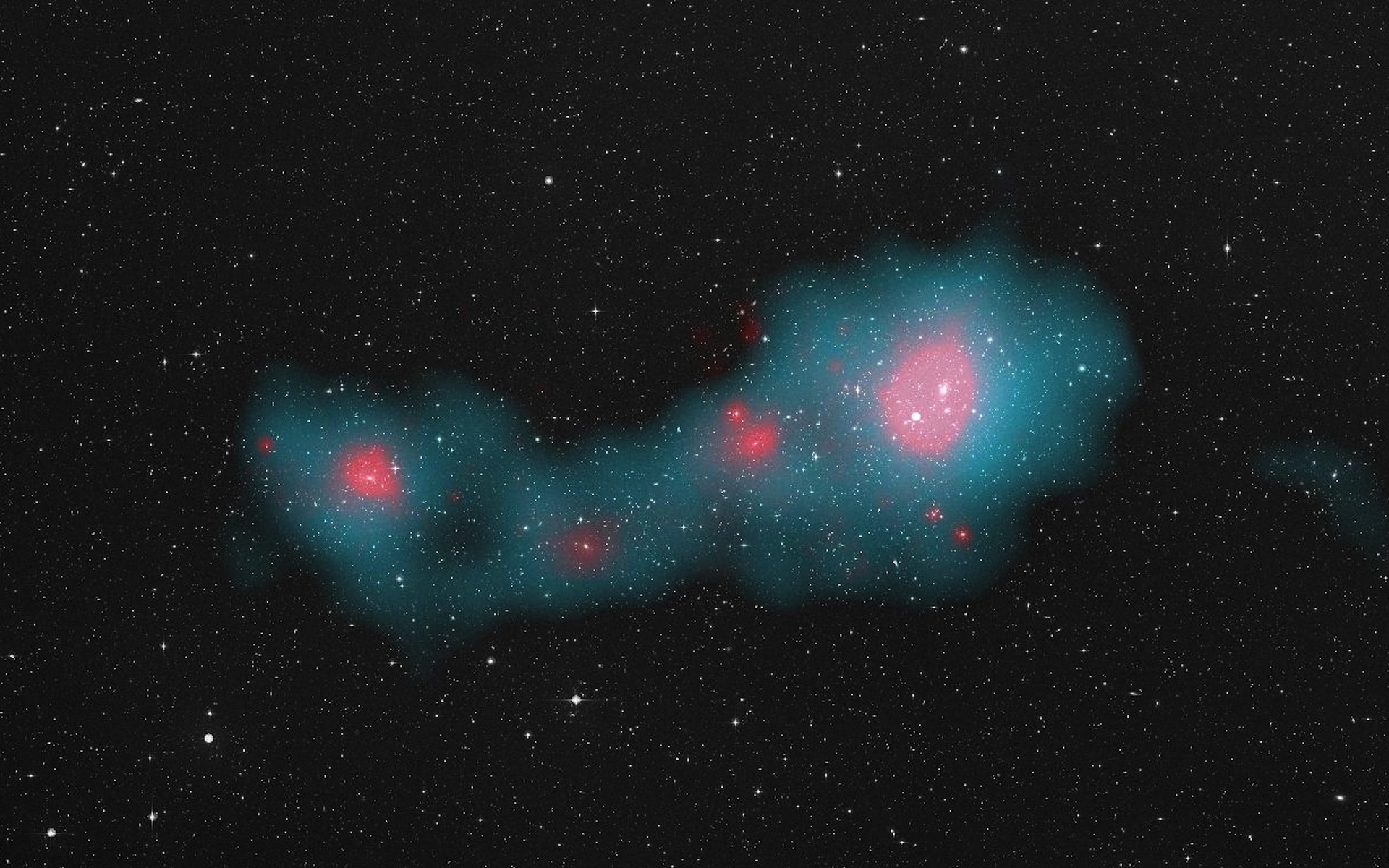 a green and pink cloud on a starry background